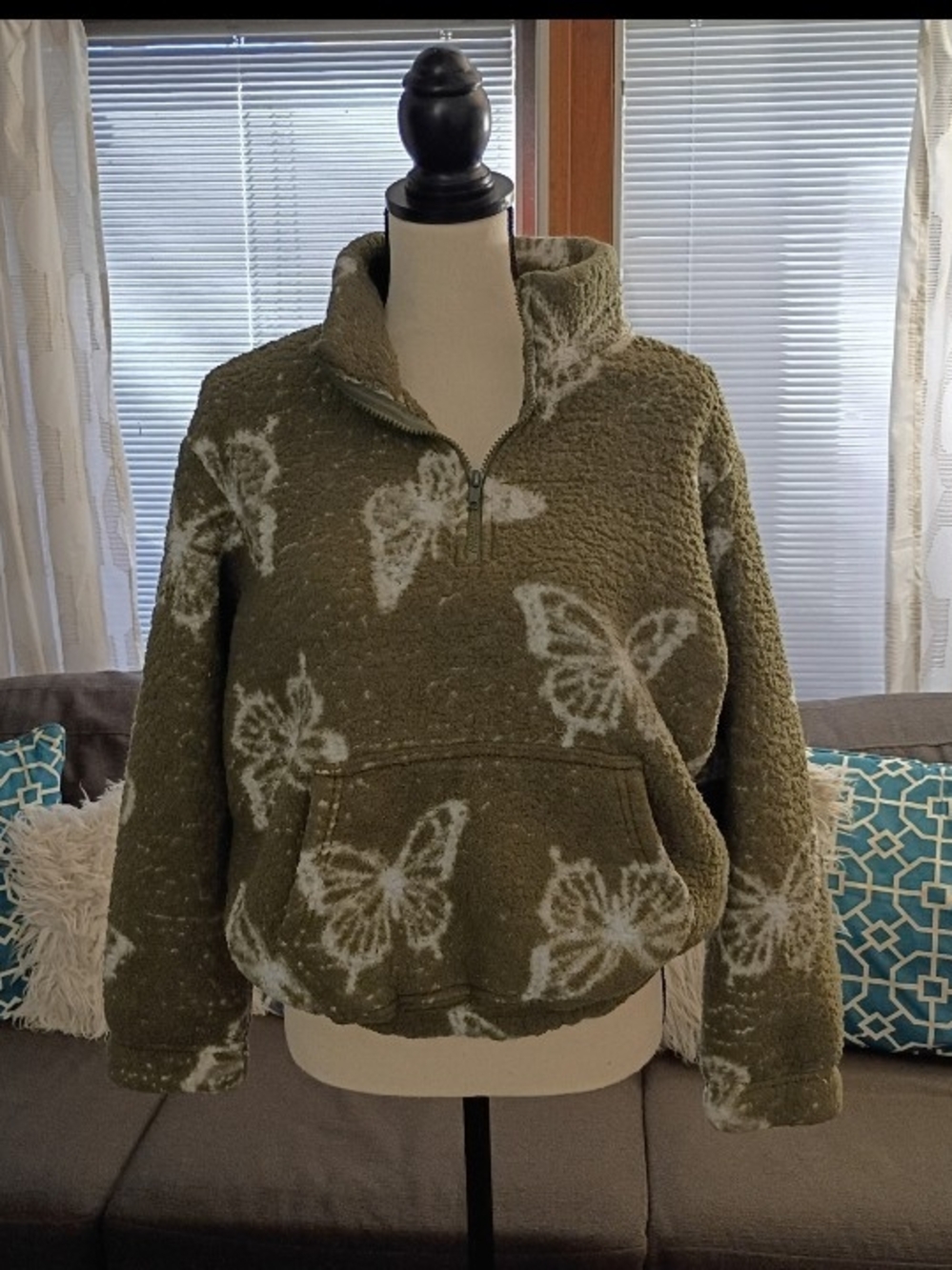 Cozy Olive Green Sherpa Pullover with White Butterfly Print